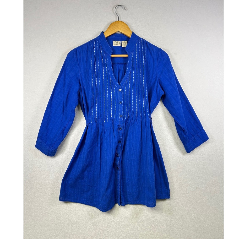 DCC Missy Blue Striped Embroidered Tunic‎ Shirt Women's Size S Button Front